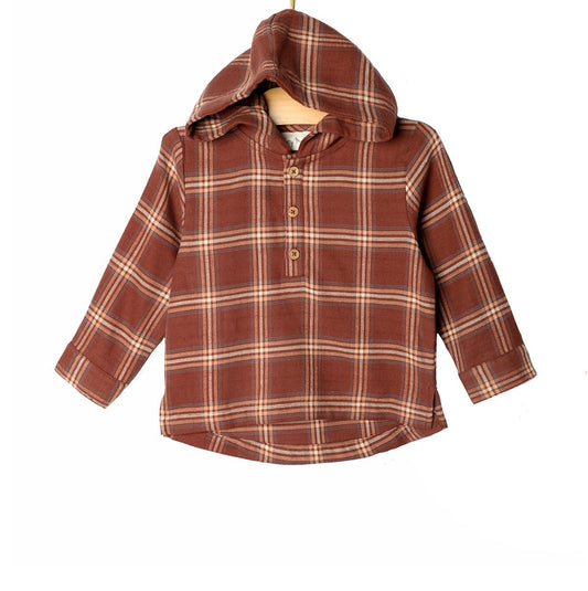 Hooded Henley Shirt- Rust Flannel