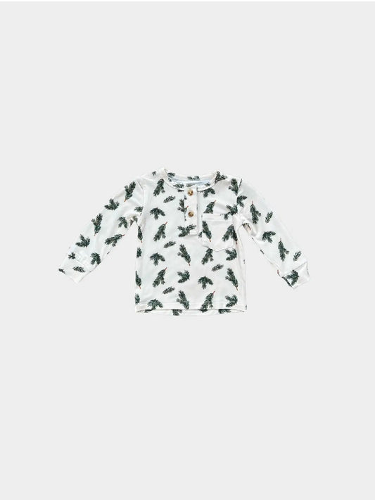 Long Sleeve Henley Shirt- Pine Leaves