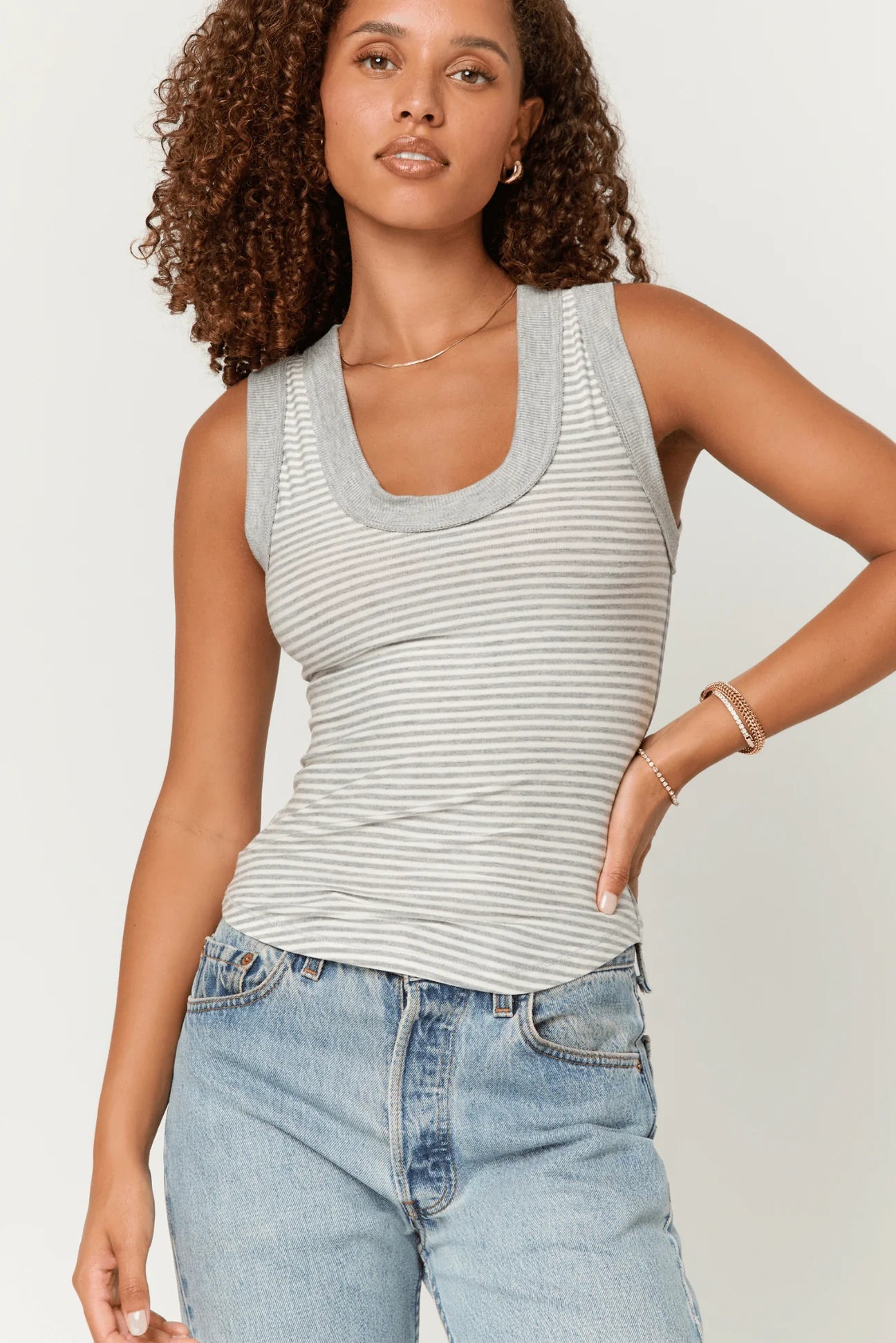 Hits Different Striped Ringer Tank- Grey