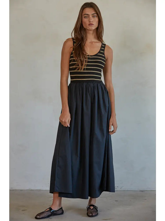 Knit Striped Ribbed Tank Bodice Woven Flare Dress