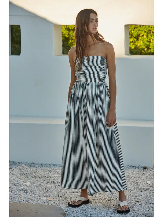 Striped Tube Neck Strapless Flare Maxi Dress