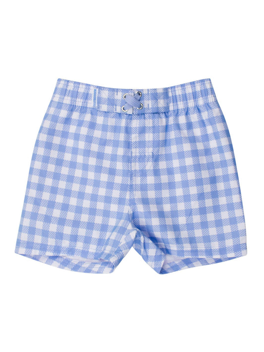 Boys Periwinkle Blue Gingham Swim Trunks