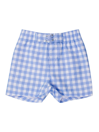 Boys Periwinkle Blue Gingham Swim Trunks