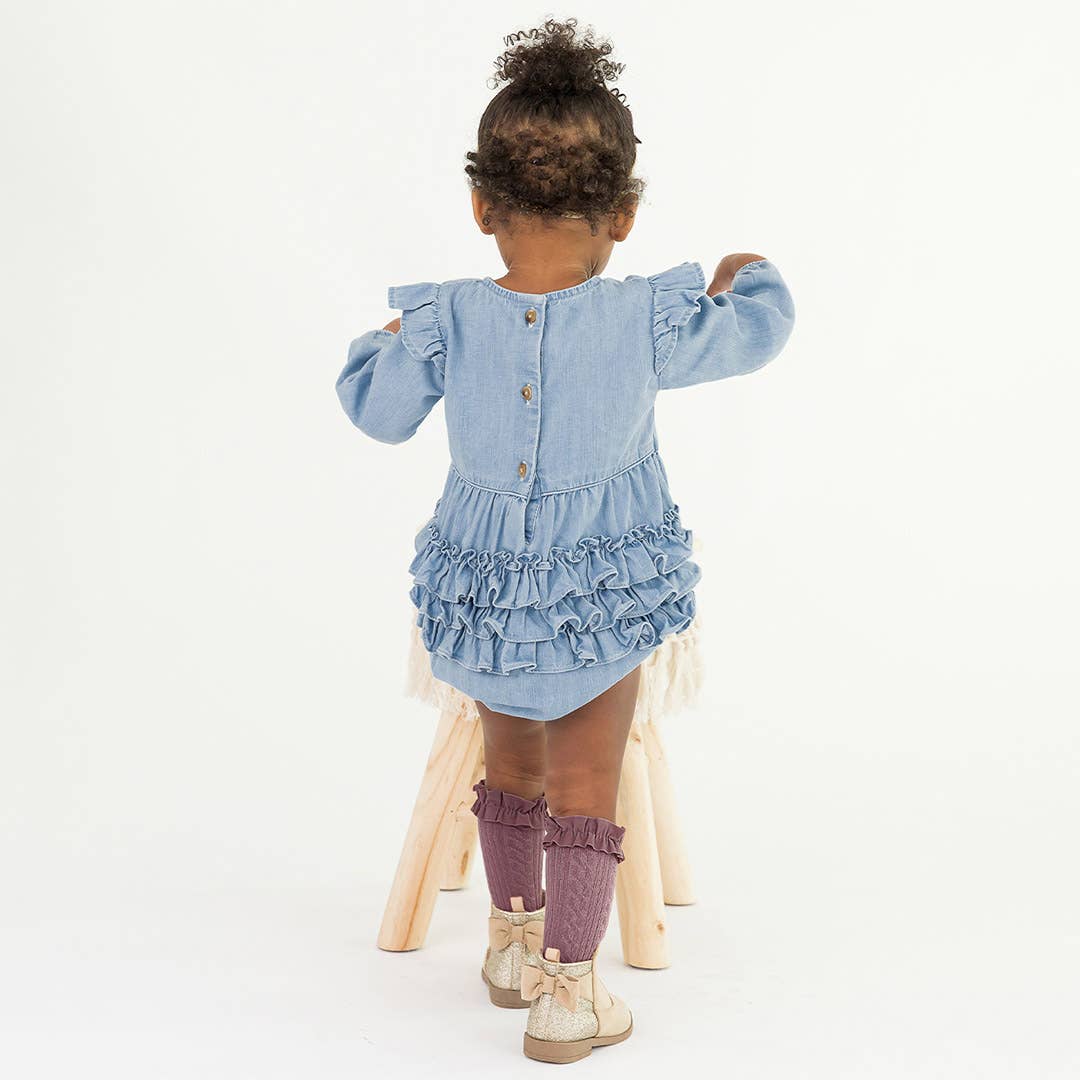 Baby Girls Light Wash Denim Long Sleeve Flutter Bubble Romper