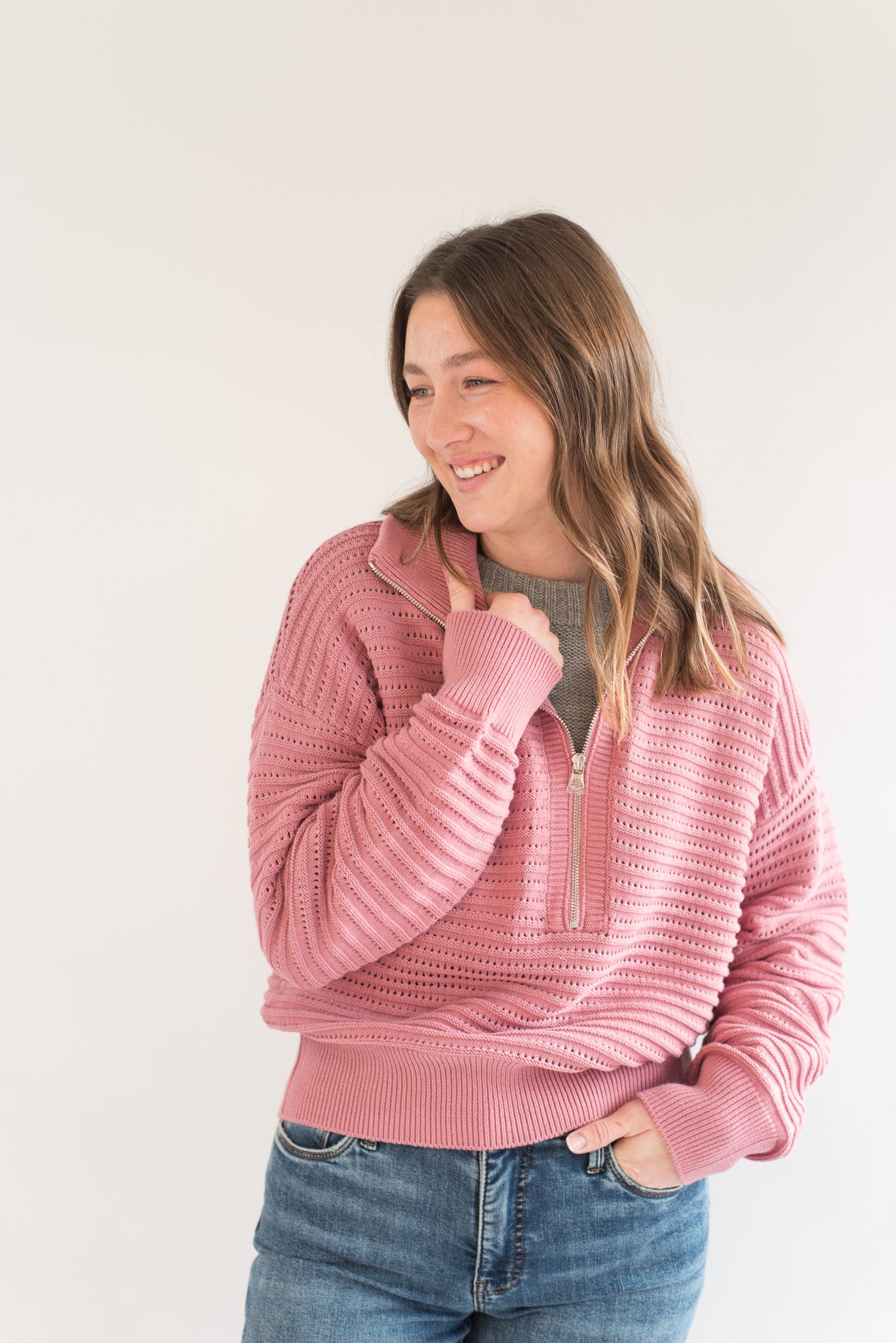 Tara Pointelle Half-Zip Knit- Foxglove