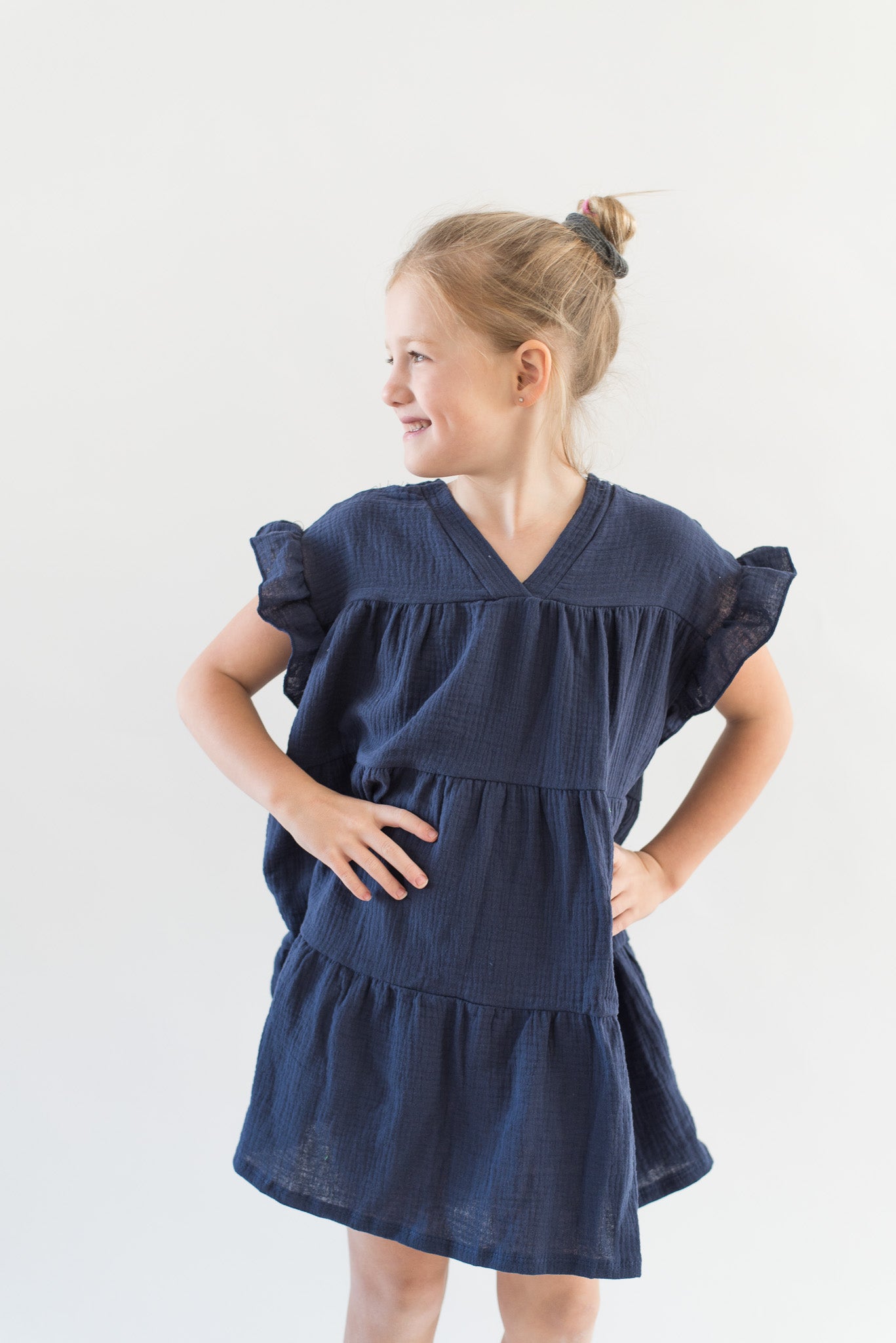 Ruffle Sleeves Tiered Gauze Dress- Navy