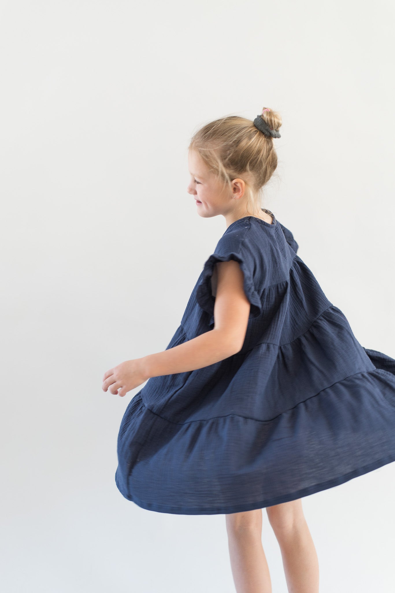 Ruffle Sleeves Tiered Gauze Dress- Navy