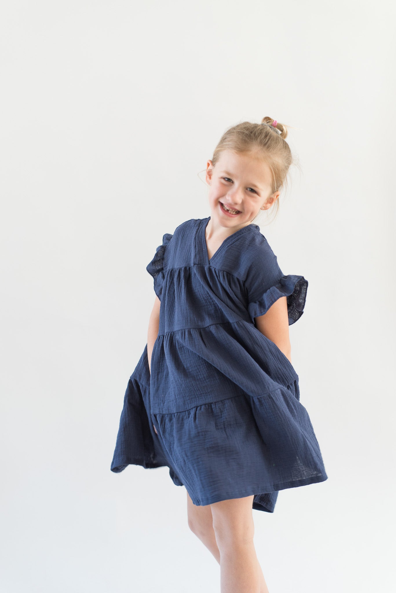 Ruffle Sleeves Tiered Gauze Dress- Navy