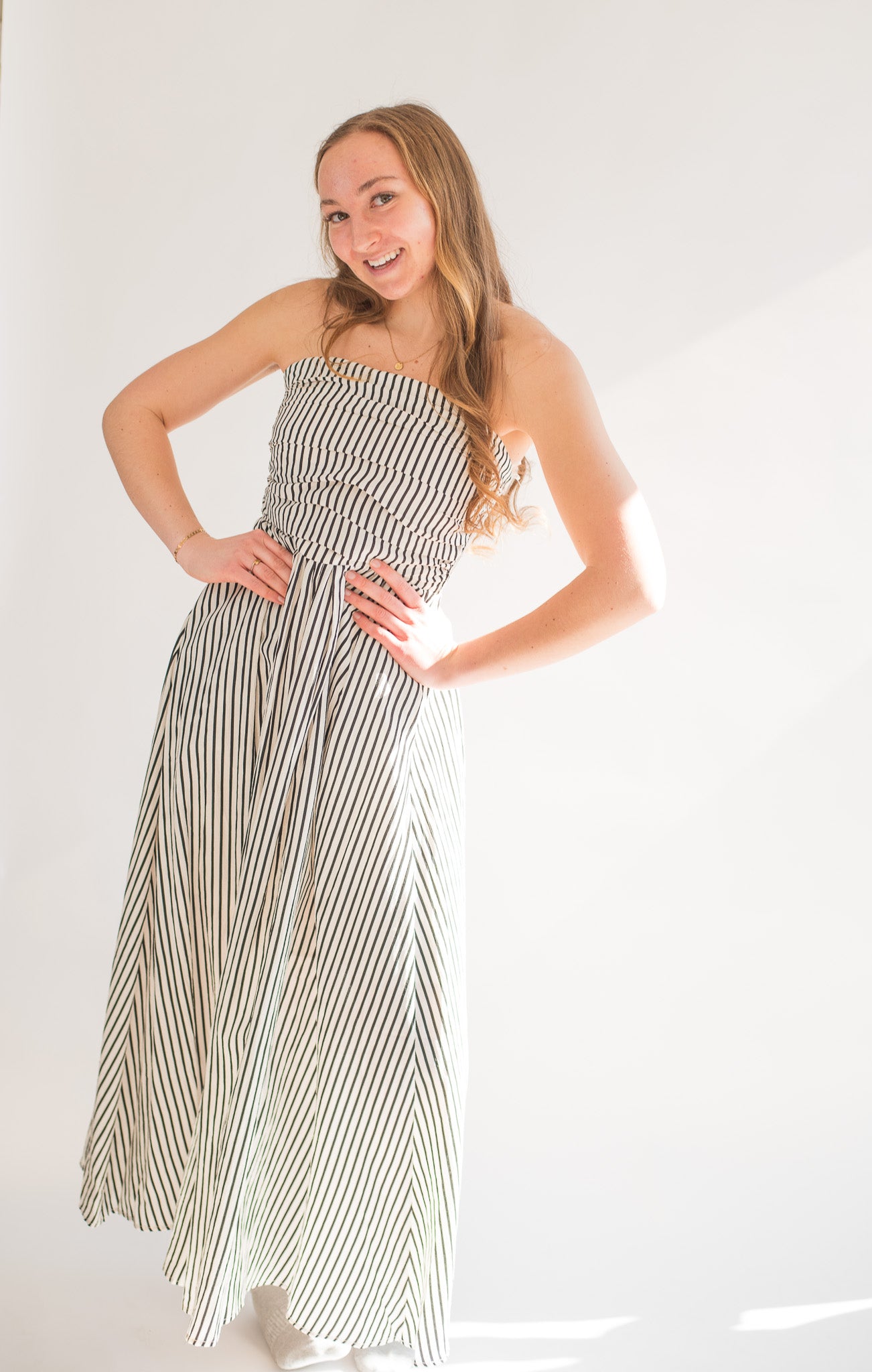 Striped Tube Neck Strapless Flare Maxi Dress