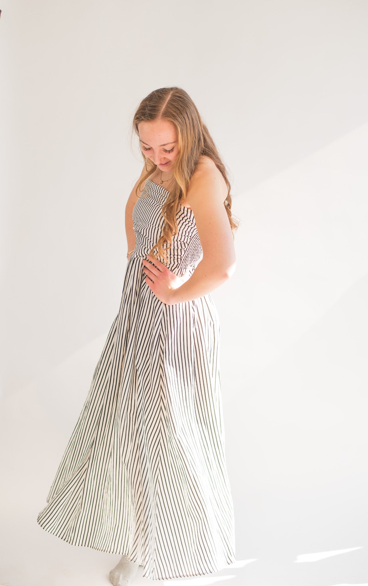 Striped Tube Neck Strapless Flare Maxi Dress