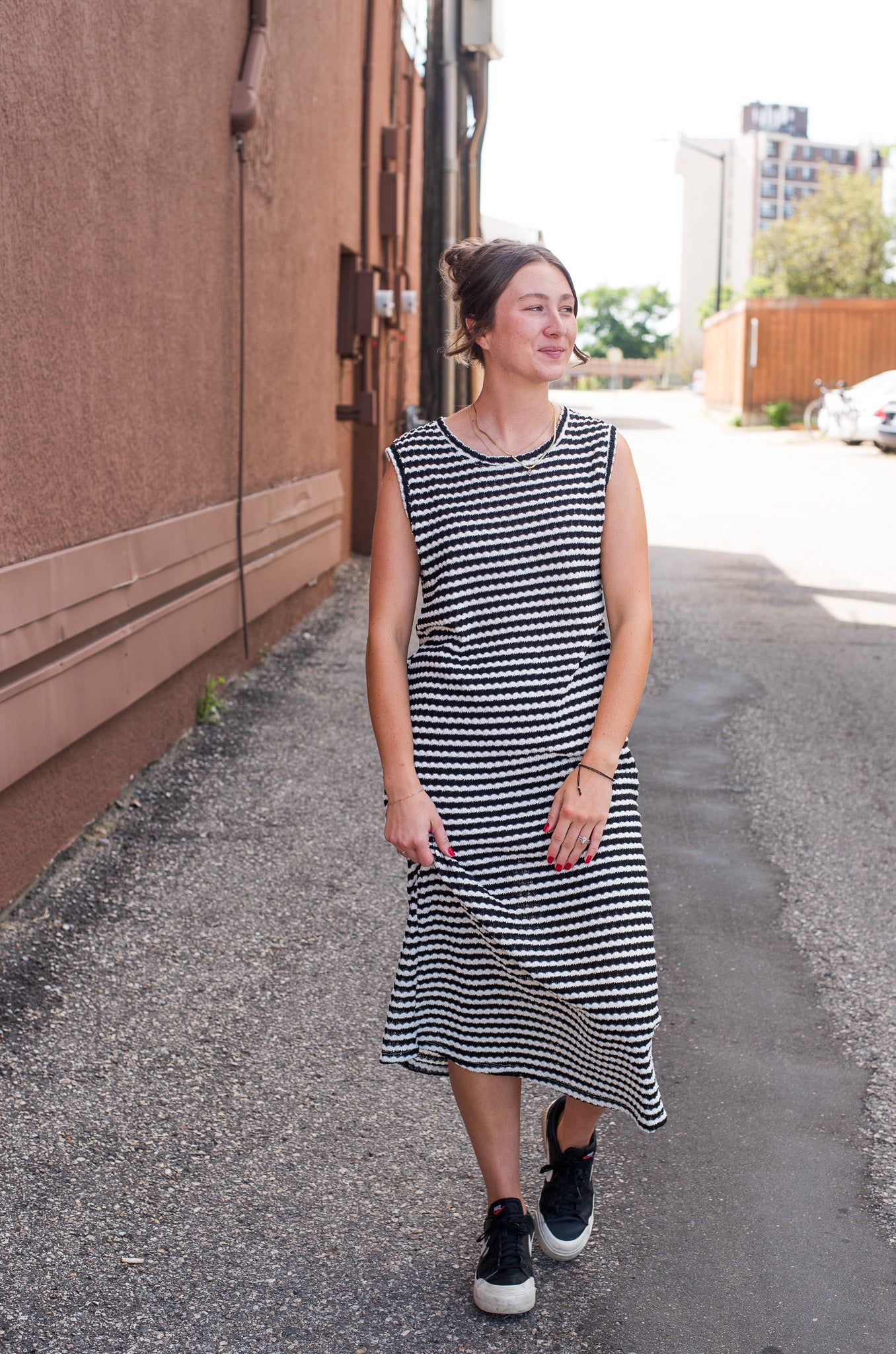 Striped Round Neck Sleeveless Midi Dress