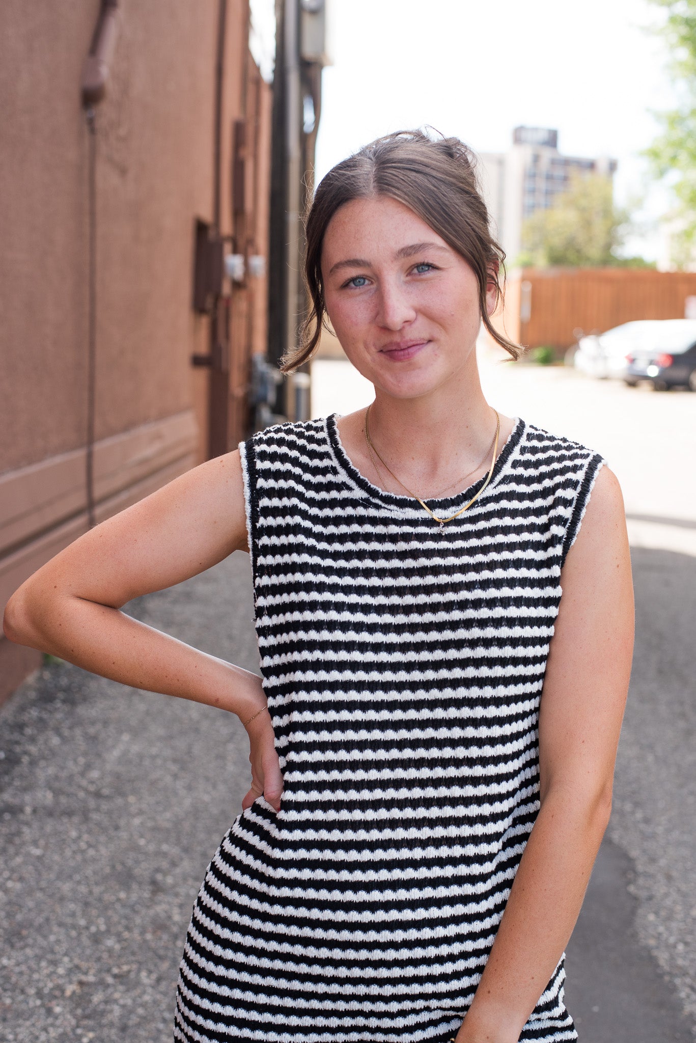 Striped Round Neck Sleeveless Midi Dress