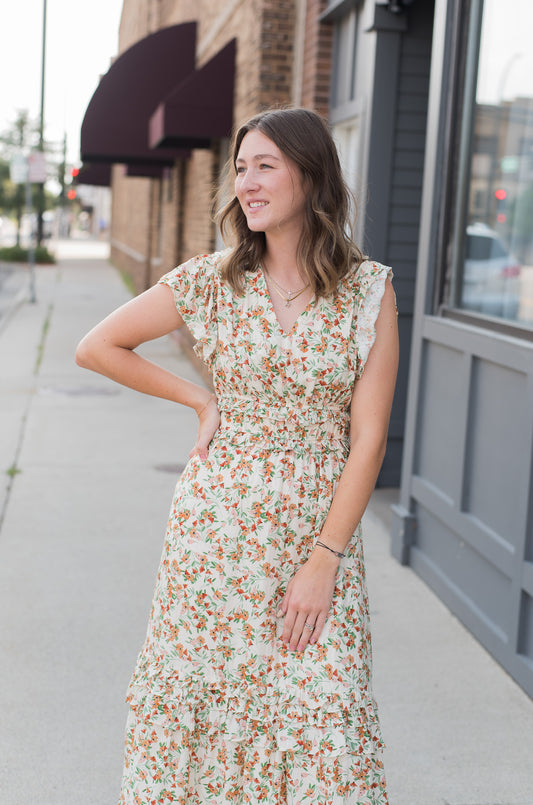 Slow Travels Ruffle Tiered Midi Dress: Cream Multi