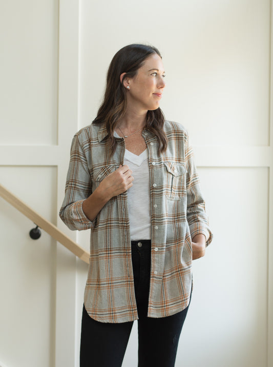 Grey, Camel & White Plaid Flannel