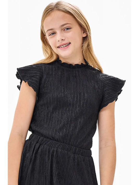 Glitter Jacquard Crinkled Ruffle Top with Button