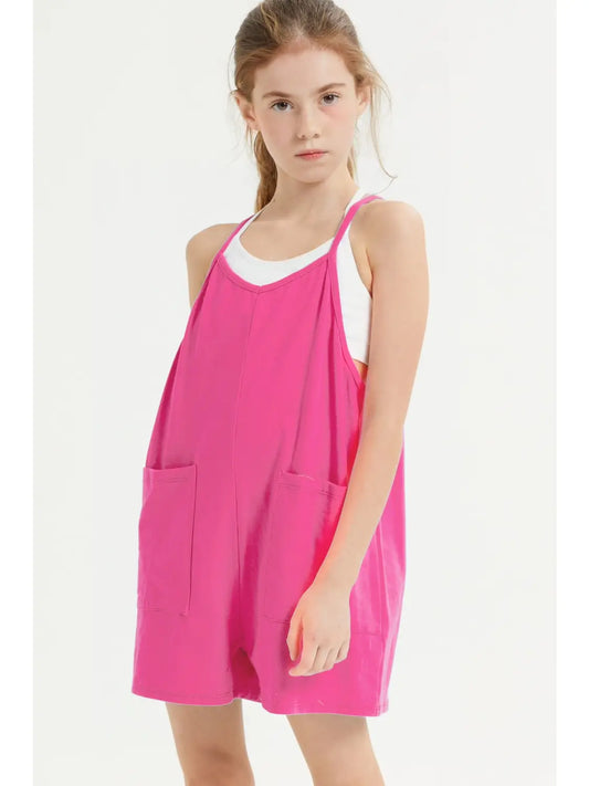 Two Pocket Cotton Overall Romper- Hot Pink